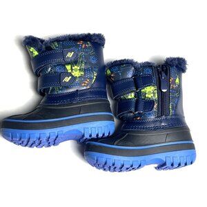 Ducko Snow Rain Boots Boys 6T Toddler Blue Green Robot Print Fur Lined Hook Loop